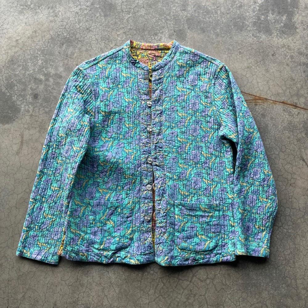 Vintage Kantha Quilt Jacket Reversible Floral Block Print Teal Yellow Cotton
